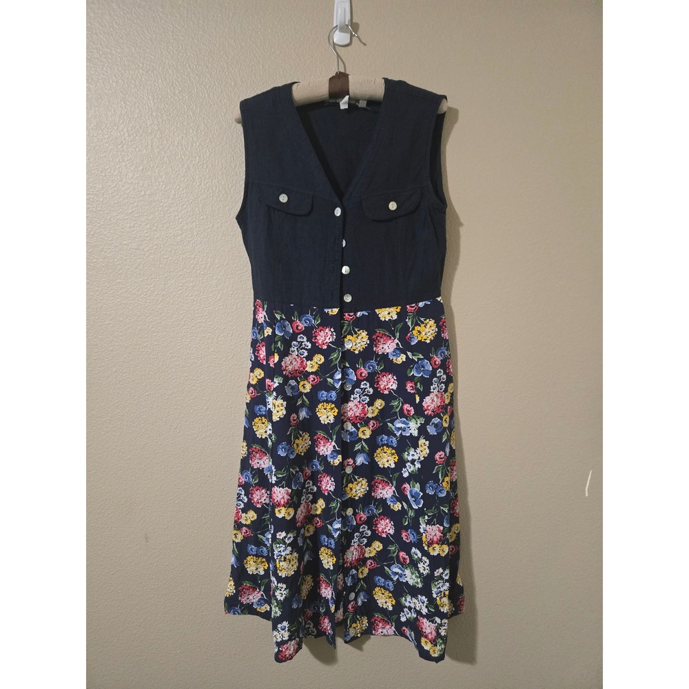 Carol Anderson California Vtg 90s Floral Mixed Media Midi Dress Navy Size 10